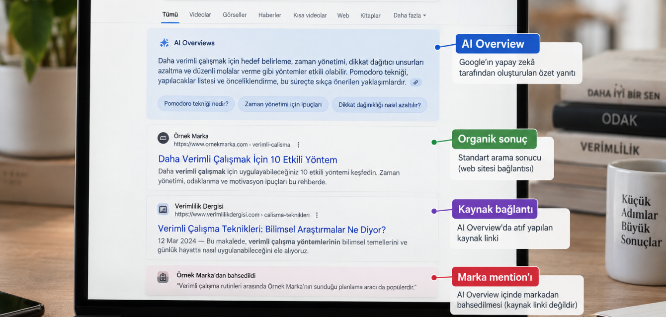 Google AI Overviews'ta Nasıl Çıkılır? Türkçe Sorgular İçin İçerik Formatı Rehberi — 1 Organic results, AI Overviews, source links, and brand mentions shown separately