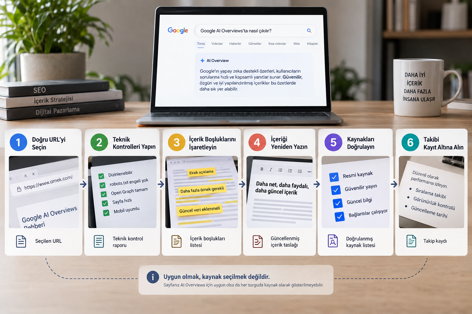 Six-step workflow for checking, rewriting, and tracking a Turkish search page