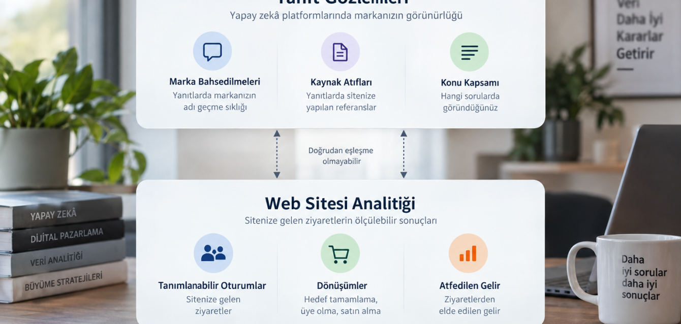 Yapay Zekâ Görünürlüğü Nasıl Ölçülür? GEO İçin 9 KPI ve Raporlama Şablonu — 1 AI visibility measurement separates answer observations from identifiable visits and conversions.