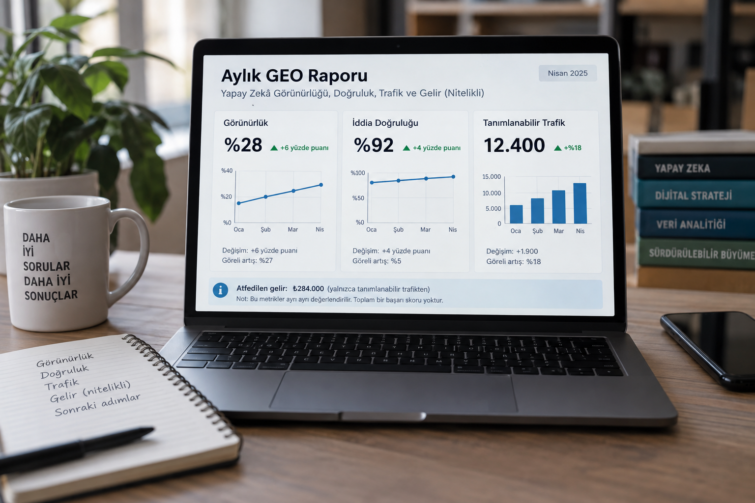 Synthetic monthly GEO reporting separates visibility, accuracy, traffic, and attributed revenue.